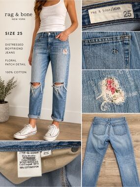 Rag & Bone Distressed Boyfriend Jeans Floral Patch Size 25